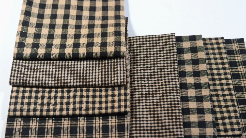 Primitive Antique Black Tan Halloween Homespun Plaid Quilt Doll Fabric Scrap Lot