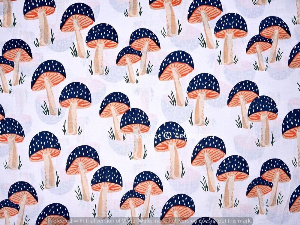100% Indian Cotton Fabric Hand Block Mushroom Print Craft Sewing Fabric 5 Yard
