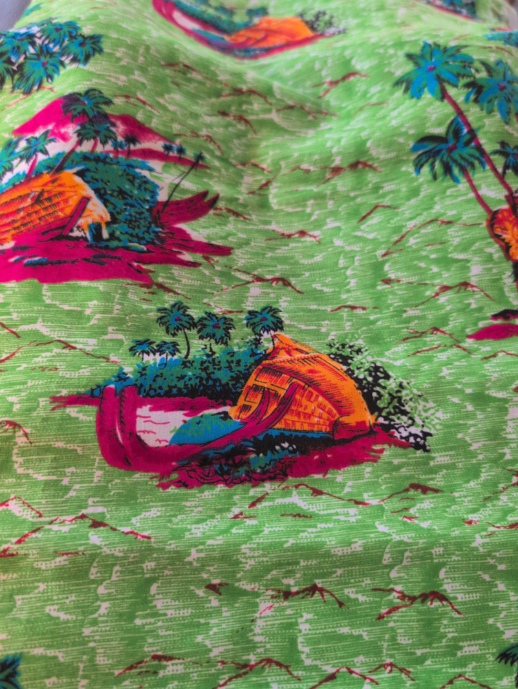 Vintage Hawaiian Tropical Fabric Palm Trees Huts Island Tiki Cotton 55″ X 44″