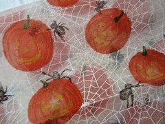 Vtg Glitter Orange Pumpkin Black Spider White Web Clear Netting Fabric