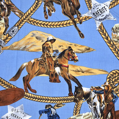 West Cowboys Indians Horses Brown Blue Shamash & Sons 5540 Cotton Fabric 1.2+ YD