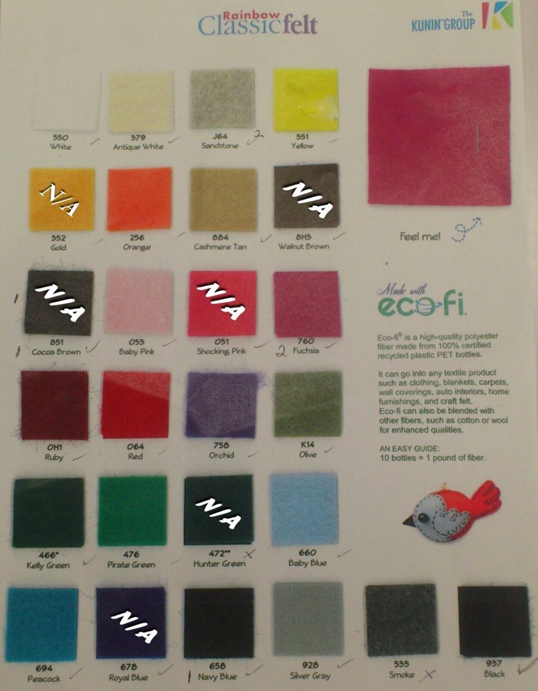 KUNIN RAINBOW CLASSIC PREMIUM eco-friendly FELT : 91cm Wide: PRICE PER 1/2 METRE