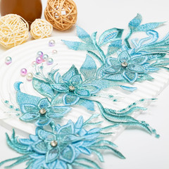 Phoenix Peacock Feather Tail Fabric Beaded Lace Applique,3D Embroidered Flower F