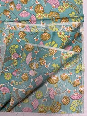 1970 Aqua Polyester Pinecone Fabric Orange Green Groovy Fan Shell 57” x 45”