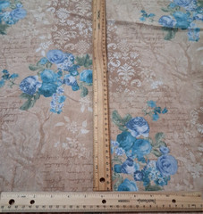 3 1/4 yd x 58″w PolyCotton Crinkle Fabric Browns w/Blue Floral & Word NO STRETCH