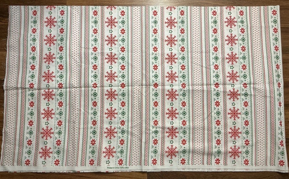 Christmas Holiday Striped Snowlake Fabric Red Green On White 2 Yards X 44in