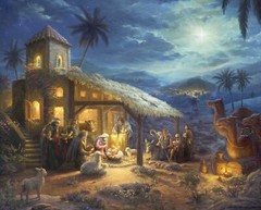 35″ Fabric Panel | David Textiles Christmas Nativity Manger Scene Blue