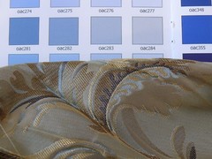100% Silk Lampas French Pomegranate “whiskey” Blue Tan Gold Historical Design