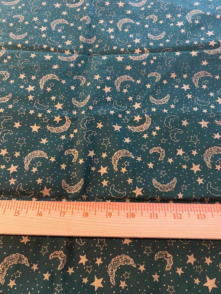 Gold metallic stars and moons on dark green cotton fabric 1 yard 18″ x 44″