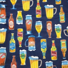 Beer Bottles on Royal Blue Designer Cotton Twill 58″ Fabric by the Yard