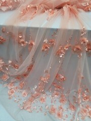 3D Floral Peach Beaded Lace Fabric by the Yard – Mesh Lace with Embroidered Flow