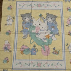 100% cotton crib size Fabric Panel, Kittens, Bunnies pastel colors 36″ w x 45″