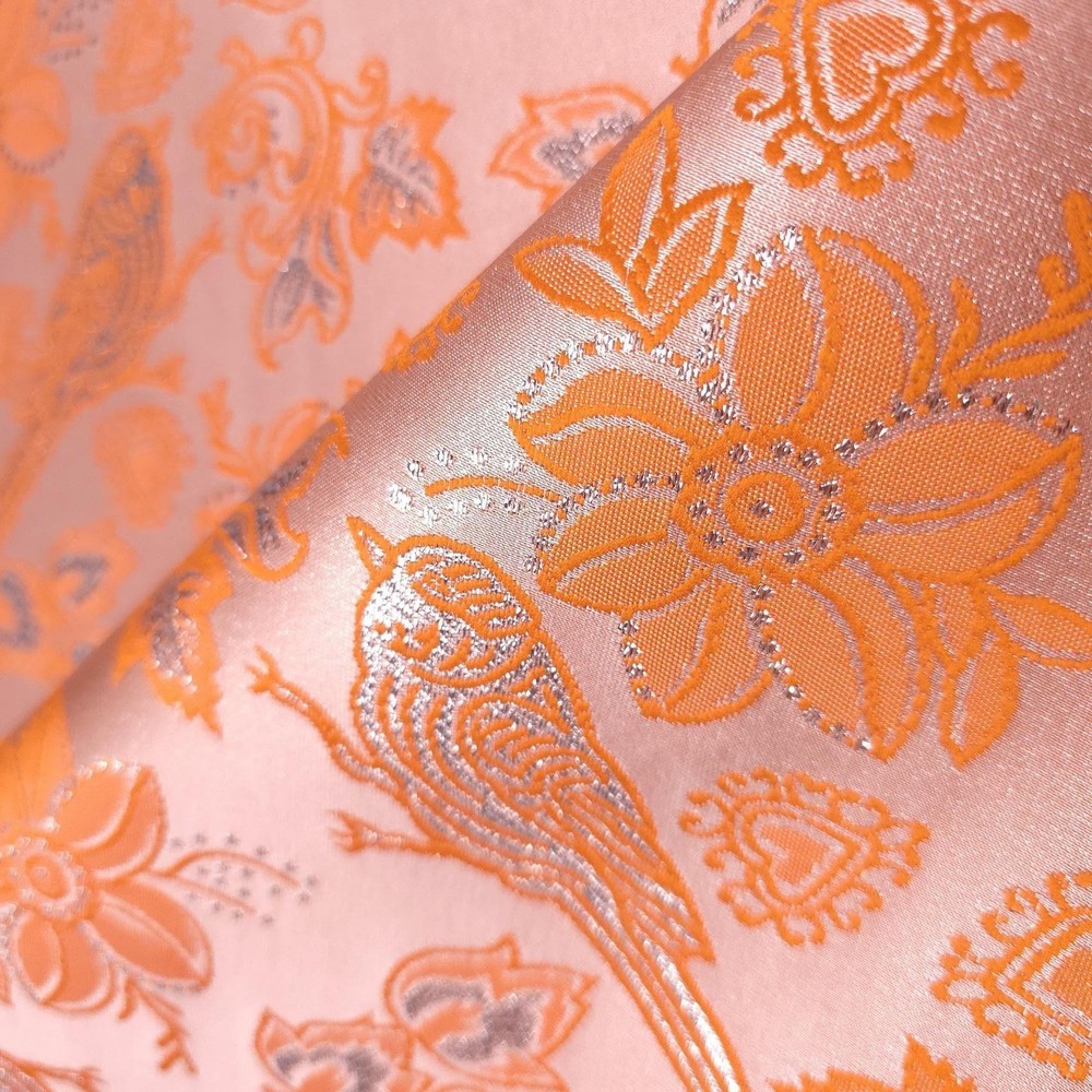 Metallic Brocade Fabric Tangerine Orange Bird Heart Floral 57″ Wide by the Yard