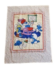 Vintage Smurfs Fabric Panel – Child Baby Quilt Blanket Cotton 43″ x 33″