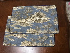 Custom made pillow cover with Hunting Dog Toile in Denim Blue Corded edges.