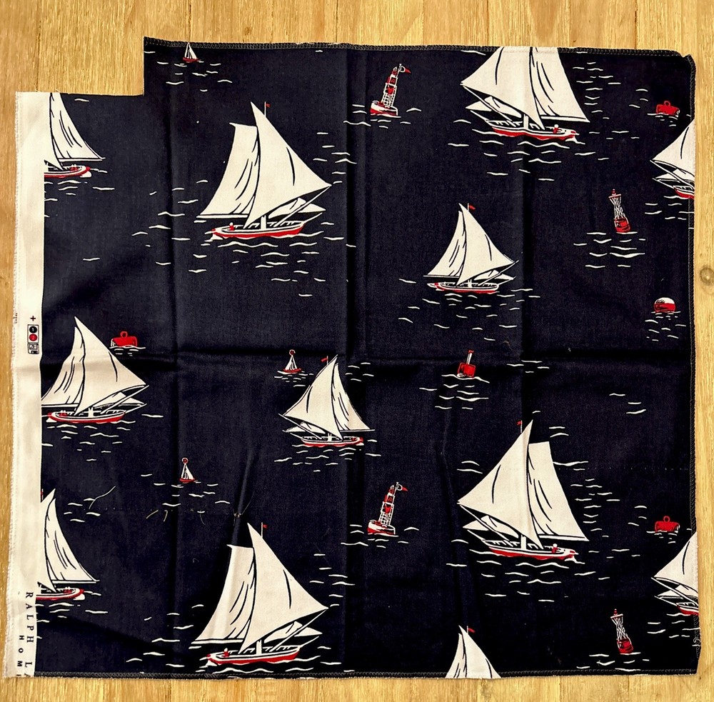 Ralph Lauren Home Decorator Fabric Sample Navy Blue Nautical Sailboat 25″ x 28″