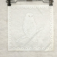 Fabric lace panel square – Owl on Branch – white sewing craft Vintage