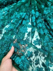 Emerald Green Lace fabric 57” W Fabric Sold By The Yard Glitter Floral For Dress