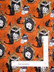Halloween Skull Web Cat Fabric Orange Mystery Manor Cotton Andover By The Yard
