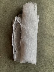 Lot Of 3 Fabric Pieces. Lace (35”x60”). Silver (40”x60”). Gray:White (13”x66”)