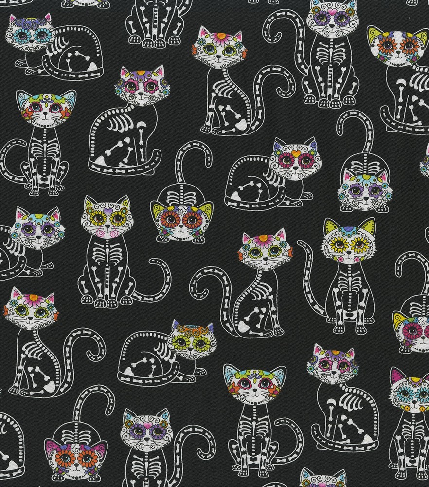 SUGAR SKULL CATS COTTON FABRIC FQ 1/4 yards 18″ x 22″ – perfect for DIY Masks