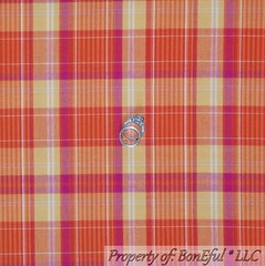BonEful Fabric FQ Cotton Woven Quilt Orange Pink Yellow White Plaid Stripe Small