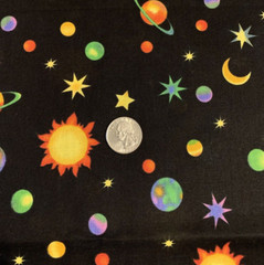 “Cosmos” Solar System Galaxy Fabric By R.E.D & Fabricland Vtg Black Yellow BTY