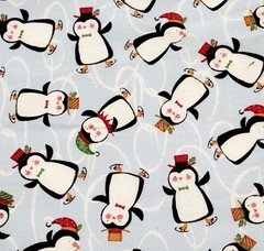 1 Yard Penguins Ice Skating Keepsake Calico Tossed Christmas Holiday Cotton Blue
