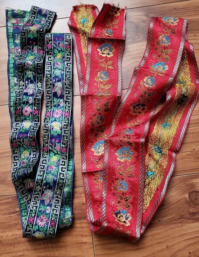 Vtg Silk Chinese brocade and jacquard ribbons Trims. Flower and Butterfly