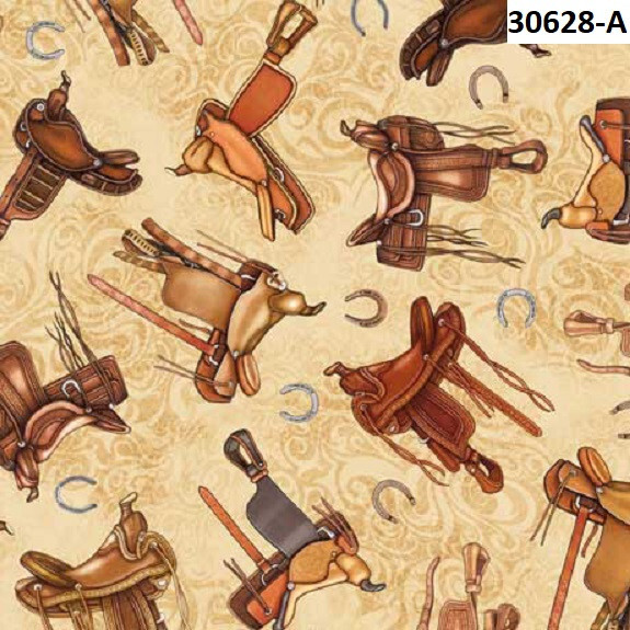 Running Wild Horses BTY Cotton quilt fabric QT Western Saddles 30628-A Rusty Tan