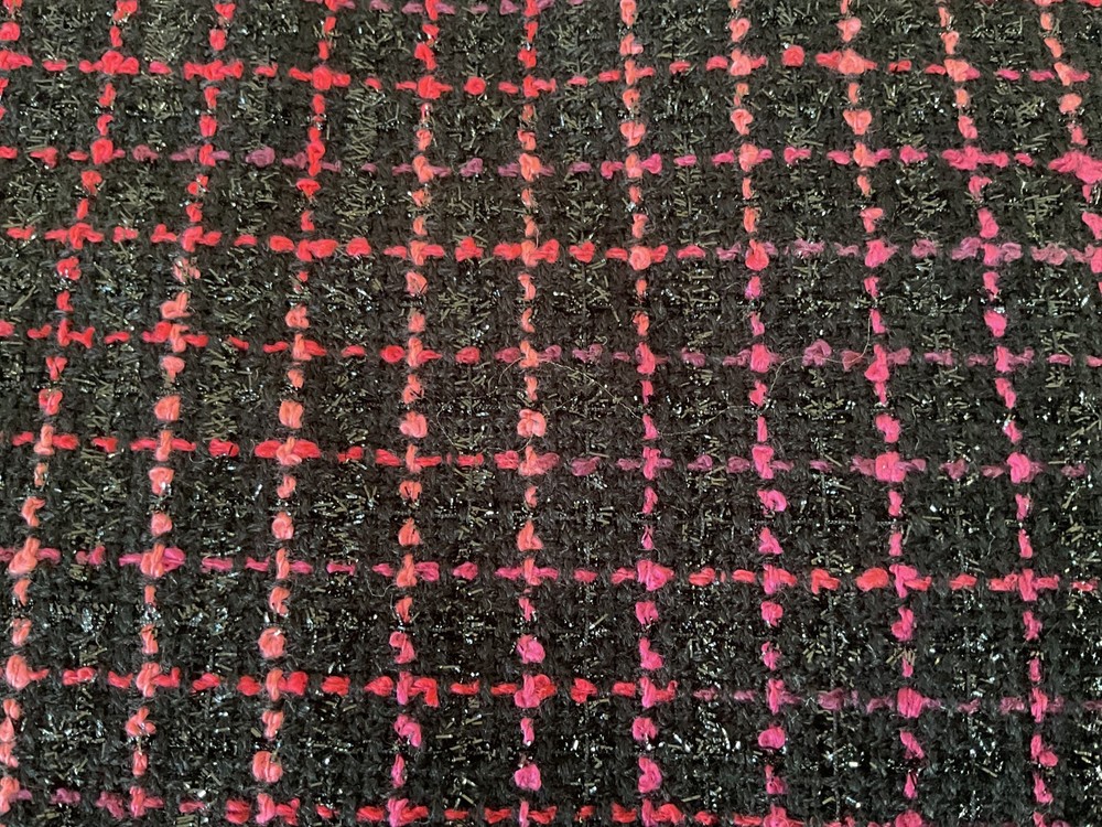 BEUTIFUL FRENCH 100% SILK WOOL BLACK AND RED CHECKERED SHIMMERING FABRIC