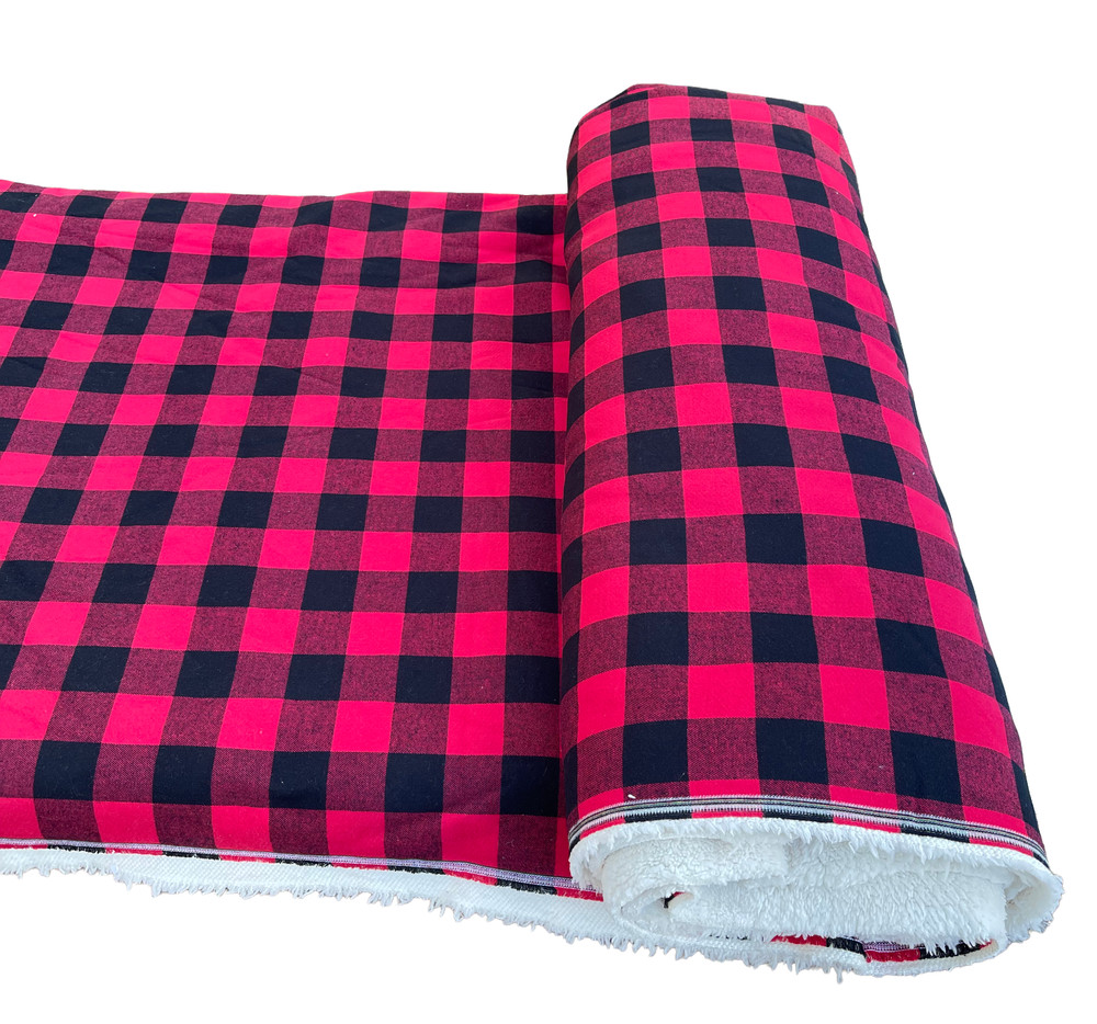 Buffalo Plaid Sherpa Fabric – 60” Wide Red Black Check Flannel Top & Soft Sherpa