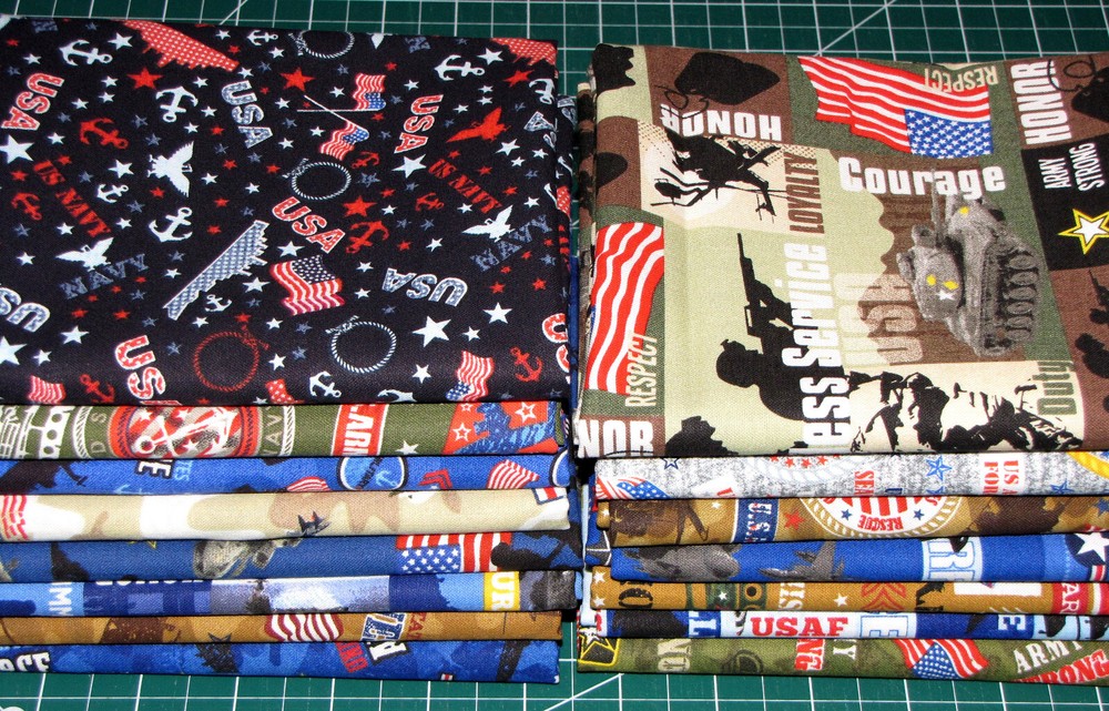 United States Military Fabric FQ Set 15 Fat Quarters AF Army Navy Marines Cotton
