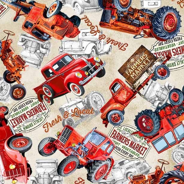 Farm to Table Red Trucks & Tractors – 1 yard price!1 – Continuous yds available.