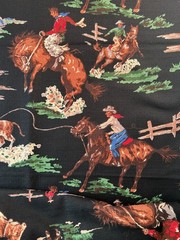 Fabric – Rare Vintage “ROUNDUP” Cowboy By MODA BARKCLOTH Black BTY 36” L x 54″ W