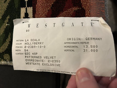 Velvet fabric 26×26″ Westgate Patterned La Scala Germany large sample upholstery