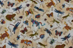 By 1/2 Yd, Colorful Critters & Bugs on Marbled Tan Quilt Cotton, Hoffman, P7195