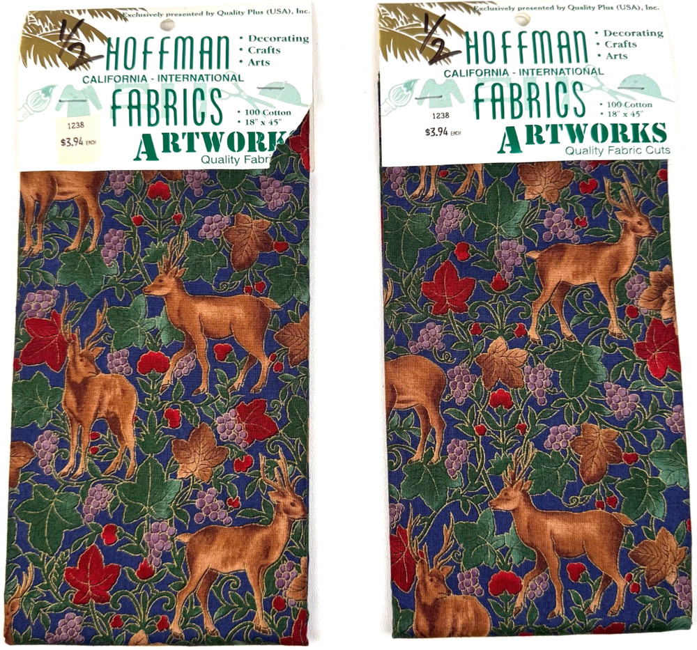 NOS Vtg Deer Leaves Forest Fawn Grapes Fabric Hoffman California 2 pc 18″ x 45″