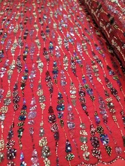 Fabric Sold By The Yard Red Beaded Lace Sequin Floral Embroidery Mesh For Dress