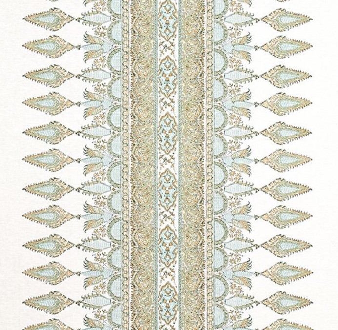 Thibaut Curtain Fabric ‘AKOLA STRIPE ‘ 3.9 METRES SEAGLASS/GOLD Linen Blend