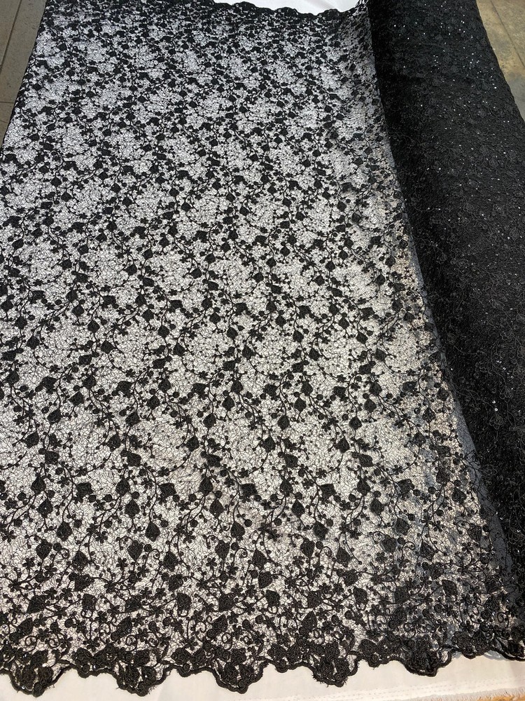Braelyn BLACK Polyester Floral Embroidery with Sequins on Web Mesh Lace Fabric