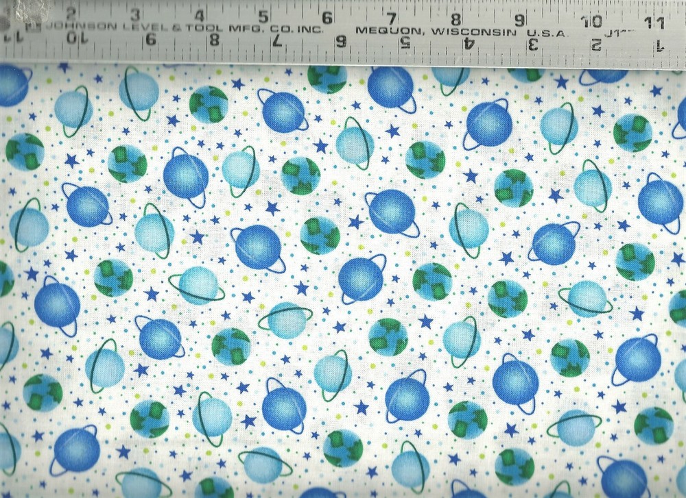 Benartex ~ Blue Earth Planets & Stars on White ~ 100% Cotton Quilt Fabric BTY