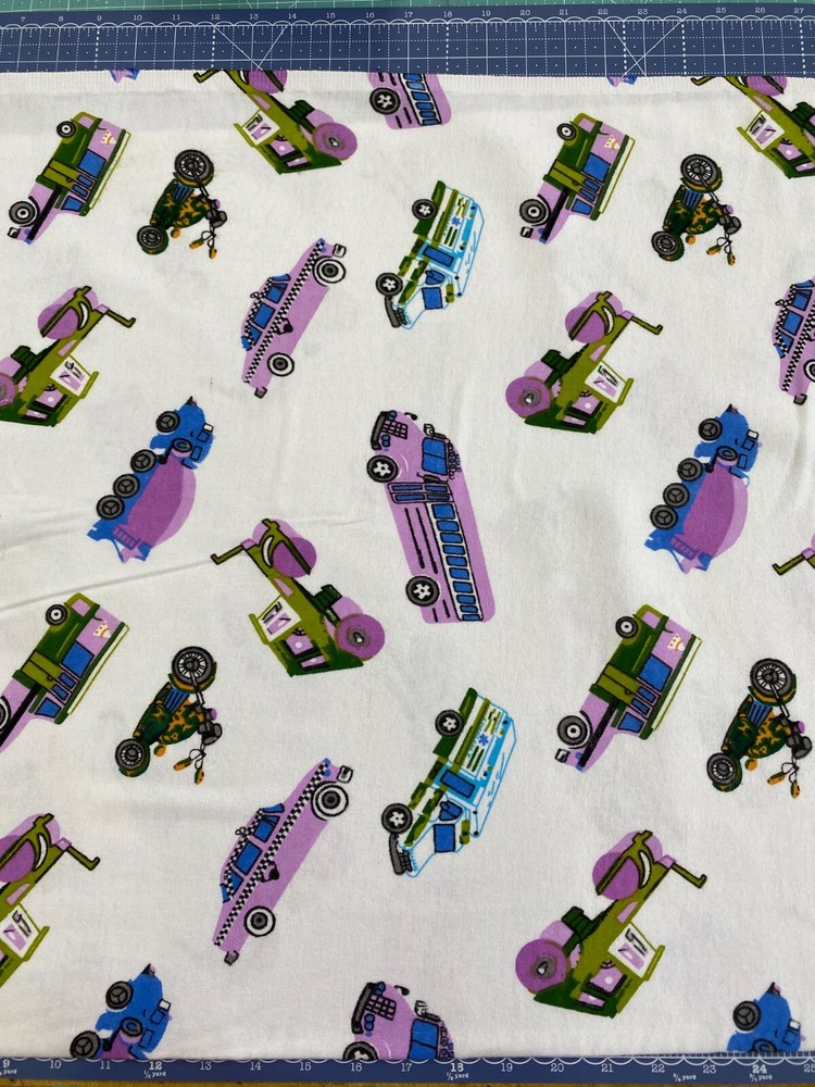 Richlin Fabrics ~100% Cotton Flannel ~ Vehicles on White ~ per half yard