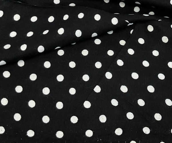 WHITE POLKA DOTS ON BLACK CHALLIS, 56″ W– 3 3/4 YARDS
