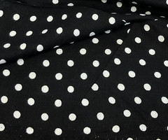 WHITE POLKA DOTS ON BLACK CHALLIS, 56″ W– 3 3/4 YARDS