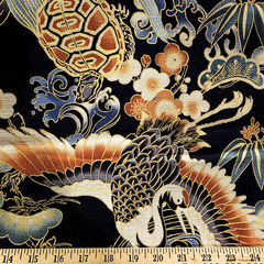Cranes, Tortoises, on Navy Blue Japanese Cotton Dobby Shirting w/ Gold Metallic