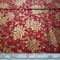 Red Gold Toile Poinsettia Vines Buena Vista Design Cotton Fabric 39″ L x 44″ W