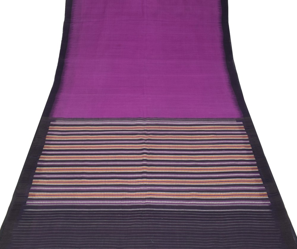 Sushila Vintage Purple Temple Border Scrap Saree Pure Cotton Woven Sari Fabric