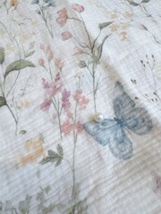 3.3 yds (18”) watercolor flowers butterflies crinkled double gauze fabric 260712