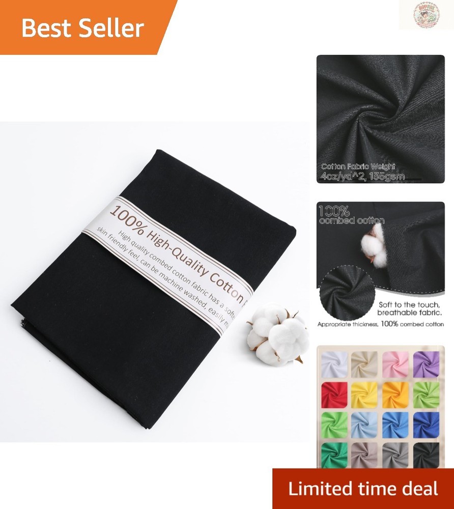 100% Black Combed Cotton Fabric – Machine Washable Poplin by the Yard